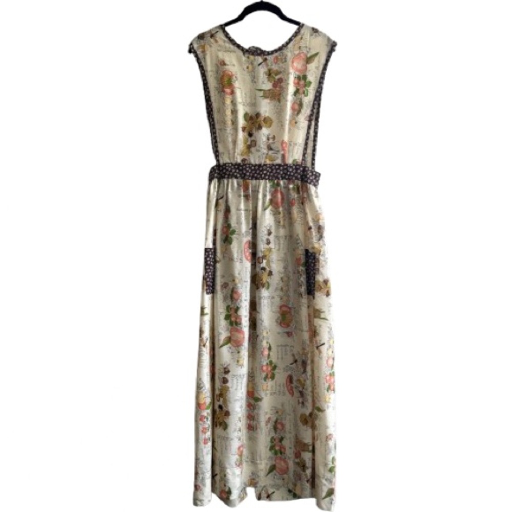 Vintage Floral Fruit Mushroom Print Apron Dress Tie Back Trad Cooking Cottage